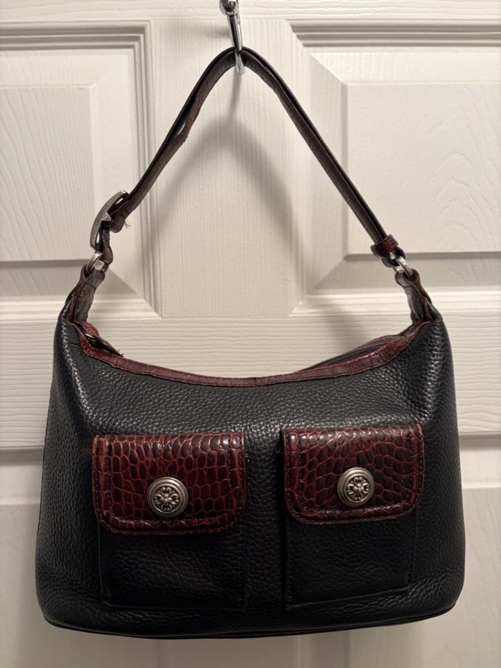 Brighton Black Leather Shoulder Bag Croc Embossed Trim Dual Pocket Purse